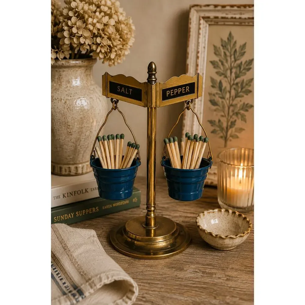Vintage Balance Scale Salt Pepper Holder Brass Blue Buckets Mid Century Kitchen